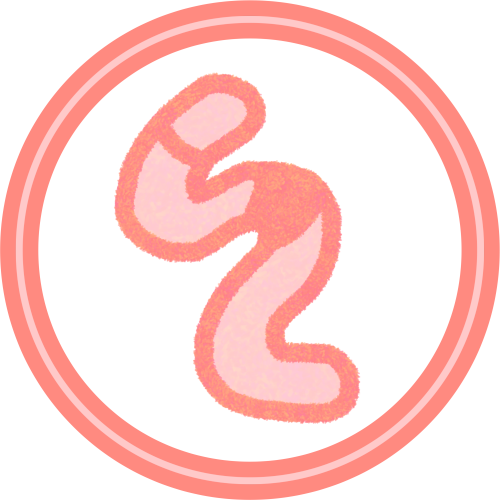 a generic pink worm with a line crossing it on one end and a small rectangle colored in on the center of its body. around it is a circle in the same pink color the worm is drawn in